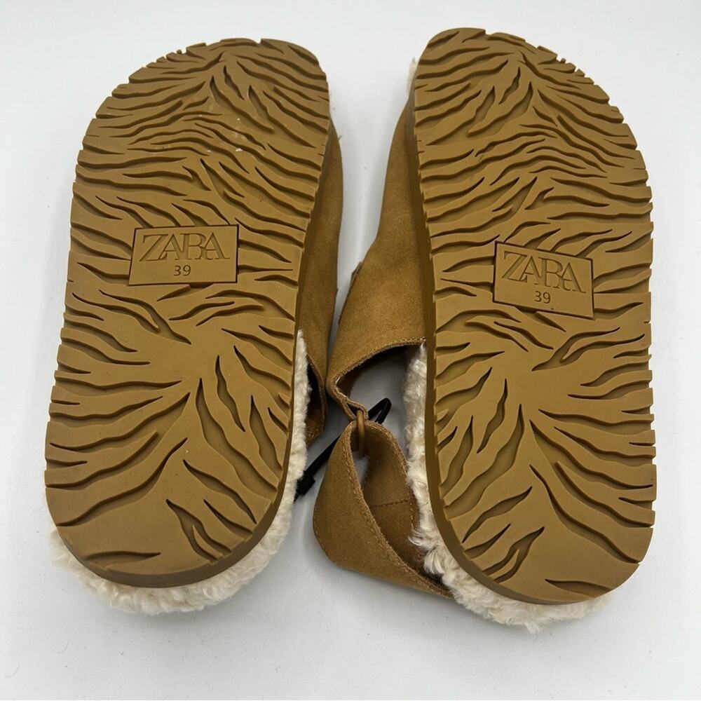 NWT Zara Leather Shearling Buckle Sling Back Flat Sandal Slipper Brown Cream 39 - Picture 8 of 8